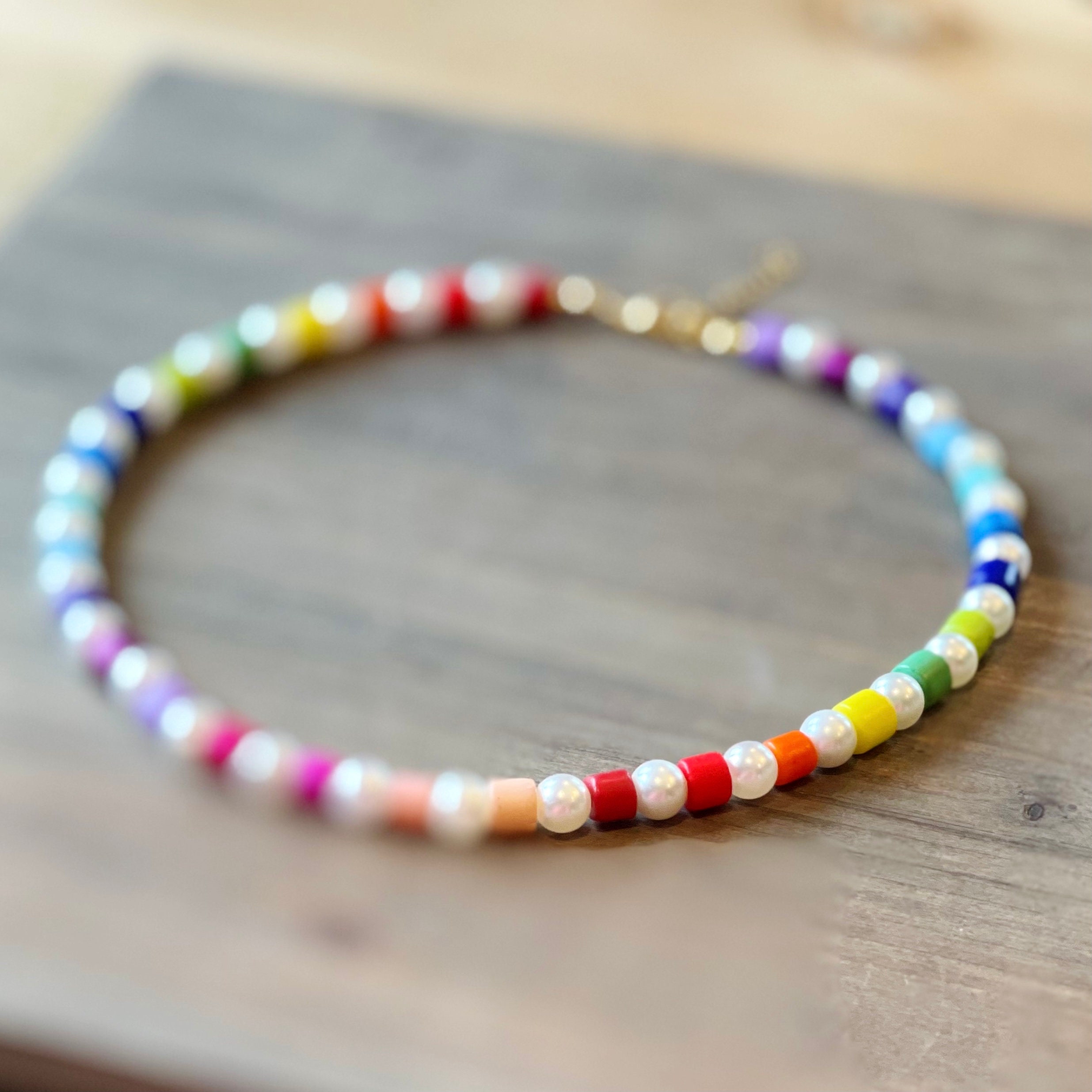 ☆【VINTAGE HOLLYWOOD】☆Rainbow Beads n Pearl Necklac.e☆ Rainbow Pony Bead Necklace, Preppy Jewelry, Aesthetic Choker