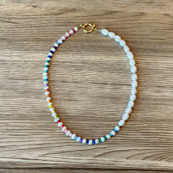 ☆【VINTAGE HOLLYWOOD】☆Rainbow Beads n Pearl Necklac.e☆ Good Vibes Rainbow Pearl Necklace ,7 raw chakra stones