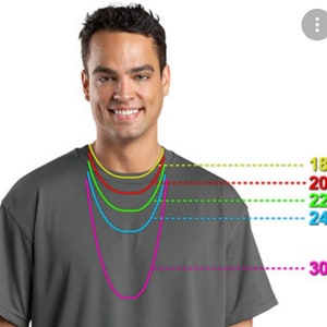 May include: A man wearing a grey t-shirt with a variety of chain lengths marked in inches, from 18 inches to 30 inches.