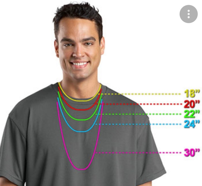 May include: A man wearing a grey t-shirt with a variety of chain lengths marked in inches, from 18 inches to 30 inches.