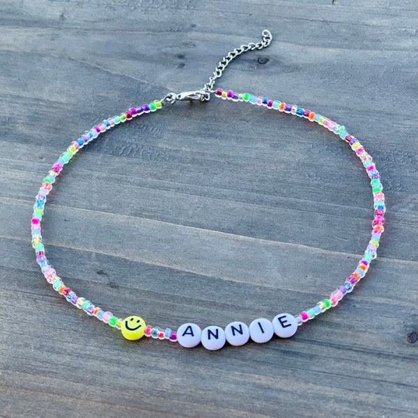 Smiley Name Necklace, Seed Bead Choker, Colorful Beaded Necklace,  Rainbow Smiley Face Necklace, Funky Beaded Choker, Y2k Jewelry, 90s Y2K