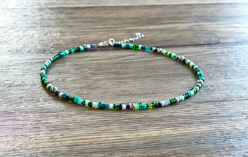 Bohemian beaded choker, Dainty beaded choker, Dainty beaded necklace, whimsical beaded necklace, Beaded necklace gift, Green dainty choker image 2