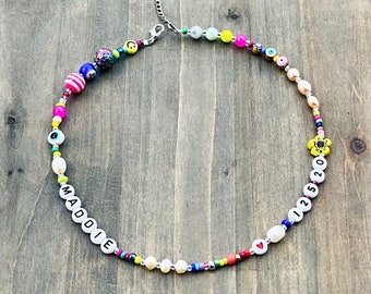 Beaded name necklace, custom jewelry, Y2K necklace, 90s inspired, mismatched bead choker, random bead necklace, chunky bead necklace