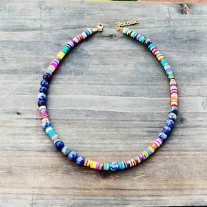 Rainbow Beaded Necklace, Colorful heishi Choker, Cute indie Jewelry, Trendy Gemstone necklace Gift, Boho Hippie Ethnic Jewelry, Retro Boho