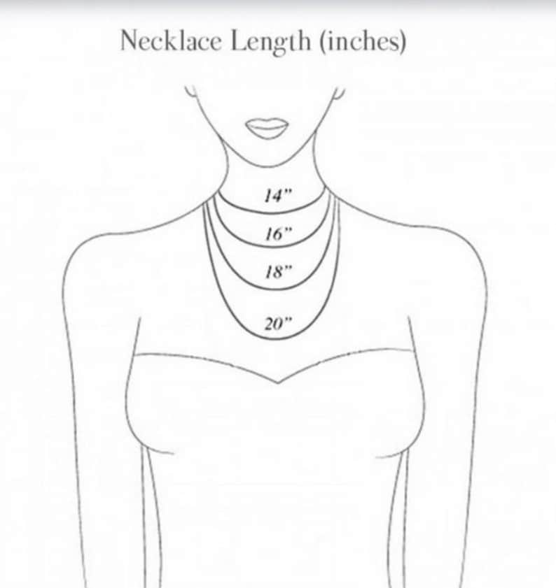 May include: Illustration showing necklace lengths on a person. The image displays four necklace lengths: 14 inches, 16 inches, 18 inches, and 20 inches. The text at the top reads "Necklace Length (inches)".