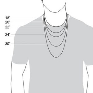 May include: A diagram showing different necklace chain lengths from 18 inches to 30 inches. The lengths are shown on a person's neck.