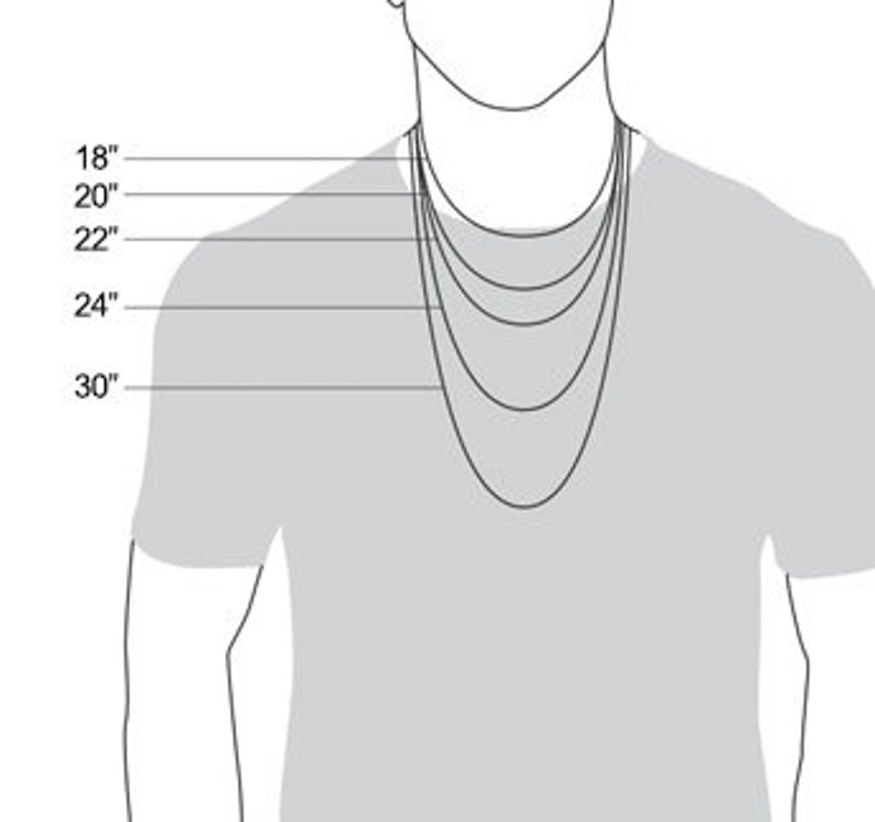 May include: A diagram showing different necklace chain lengths from 18 inches to 30 inches. The lengths are shown on a person's neck.