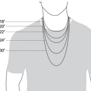 May include: Diagram showing different necklace lengths on a person's neck. The lengths are 18 inches, 20 inches, 22 inches, 24 inches, and 30 inches.