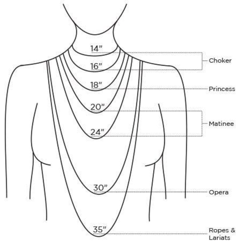 May include: Diagram showing different necklace lengths, including choker, princess, matinee, opera, and ropes & lariats. The lengths are measured in inches: 14", 16", 18", 20", 24", 30", and 35".