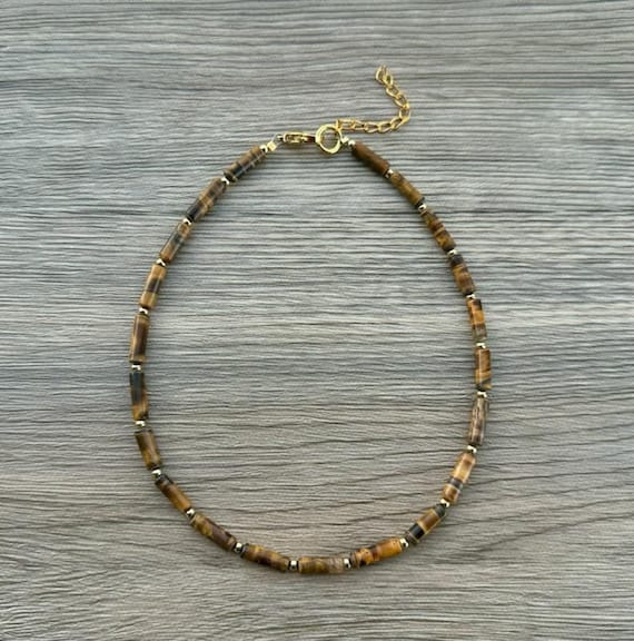 Tiger Eye Necklace, 18k Gold, Handmade, Gemstone Necklace, Beaded Tigers Eye, Mens Beaded Necklace, Surfer Necklace, Tribal Necklace