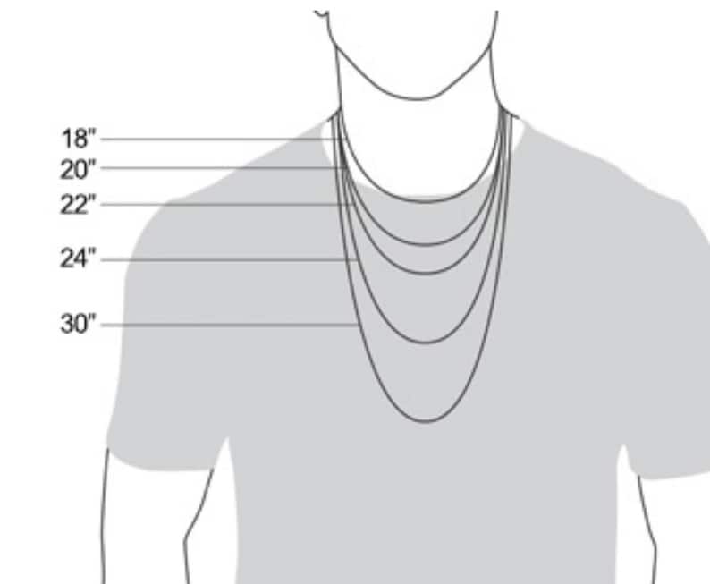 Op de afbeelding: Illustratie van een nek met vijf kettinglengtes: 45,7 cm, 50,8 cm, 55,9 cm, 61 cm en 76,2 cm. De kettingen worden op verschillende lengtes getoond om te laten zien hoe ze zouden hangen. Een gids voor kettingmaten.