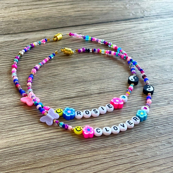 Beaded Name Necklace, Kids Jewelry, Little Girls Necklace, Best KIDS Gifts,  Coolest Gift Ideas, Y2K Choker, Smiley Necklace, Flower Choker 