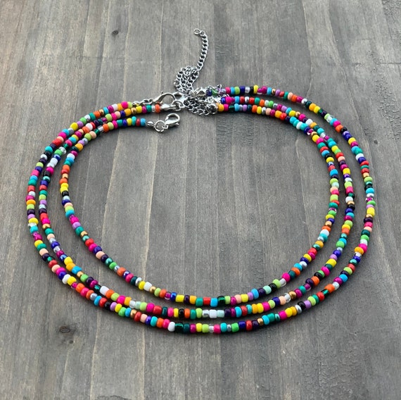 Rainbow Beaded Necklace Seed Bead Choker Hippie Gypsy Y2K Jewelry Cool Gift for Kids Affordable Gift Ideas Surfer Necklace Y2K Choker Etsy