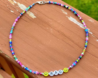 Beaded Name Necklace, Seed Bead Choker, Personalized Jewelry, Smiley Necklace, Rainbow Bead Choker, Seed bead choker, Friendship Necklace