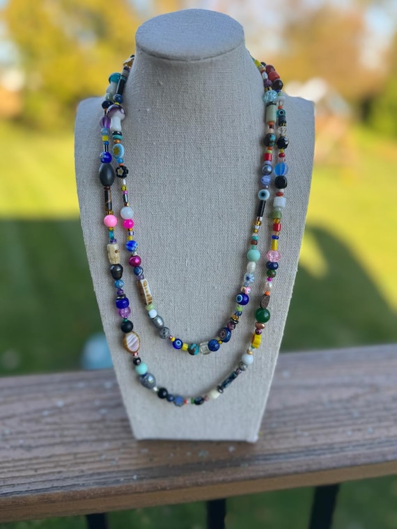 ボヘミアンネックレス、ガラスビーズネックレス、マルチカラー