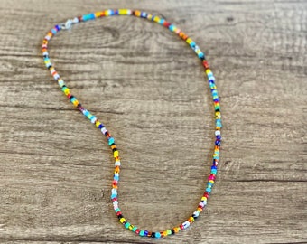 African Beaded Necklace, Multi-Colored Seed Bead Necklace, Men's Boho Necklace, Long Colorful Beaded, Rainbow beaded choker, Hippie Necklace