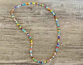 African Beaded Necklace, Multi-Colored Seed Bead Necklace, Men's Boho Necklace, Long Colorful Beaded, Rainbow beaded choker, Hippie Necklace