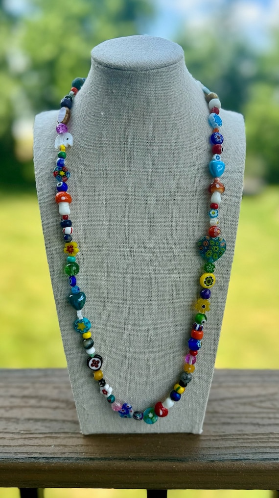 Colorful Evil Eye Beaded Necklace For Women - Boho Handmade Jewelry In Neon Orange & Sea Green - View #8