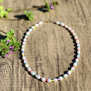 Rainbow Pearl necklace, Rainbow Freshwater, Eliou, Harry Styles, Trendy jewelry, Chunky bead, Pearl gift, Handmade, Seed bead, Pearl, 90s