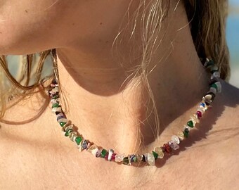 Gemstone Chip Necklace, Rainbow Gemstone Choker, Natural Gemstone Necklace, Gemstone Beaded Necklace, Chakra Gemstone, CHAKRA Necklace