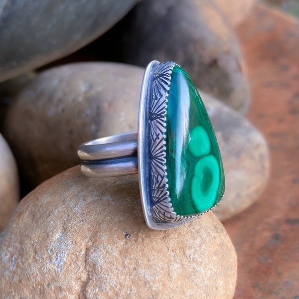 Handmade Malachite stamped bezel ring, art deco ring, green stone ring, statement ring, handmade ring, artisan jewelry
