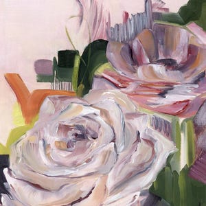 Rose colorate, dipinto a olio floreale, dipinto floreale su sfondo astratto, opera d'arte floreale a olio su carta, piccolo dipinto botanico originale