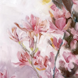 Dipinto a olio di fiori di magnolia dolce, dipinto floreale su sfondo astratto, opera d'arte floreale a olio su carta, piccolo dipinto botanico originale
