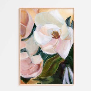 Magnolia bianca in fiore con foglie verdi - Stampa del dipinto a olio originale