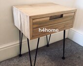 Industrial Bedside Table Vintage Retro Nightstand Rustic Solid Wood Unit Side Cabinet Metal Hairpin Legs 1 Storage Drawer Plant Lamp Stand