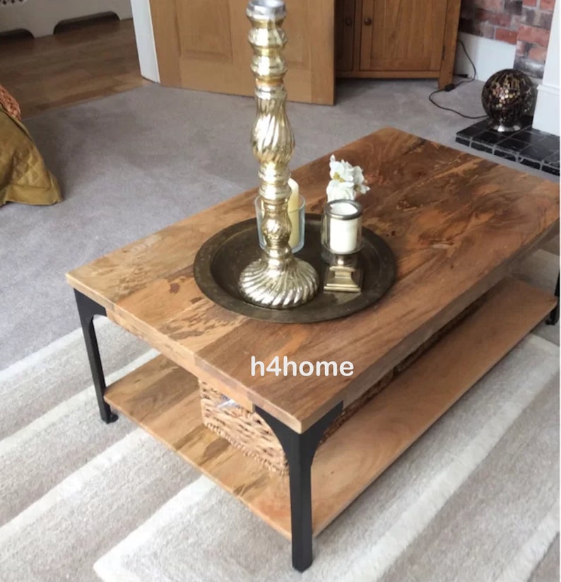 Vintage Industrial Coffee Table Storage Shelf Rustic Solid Etsy