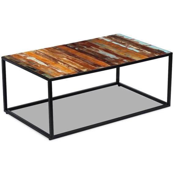 Industrial Style Rectangular Coffee Table Rustic Handcrafted Solid Reclaimed Wood Living Room Furniture Side Cabinet Metal Frame Unit