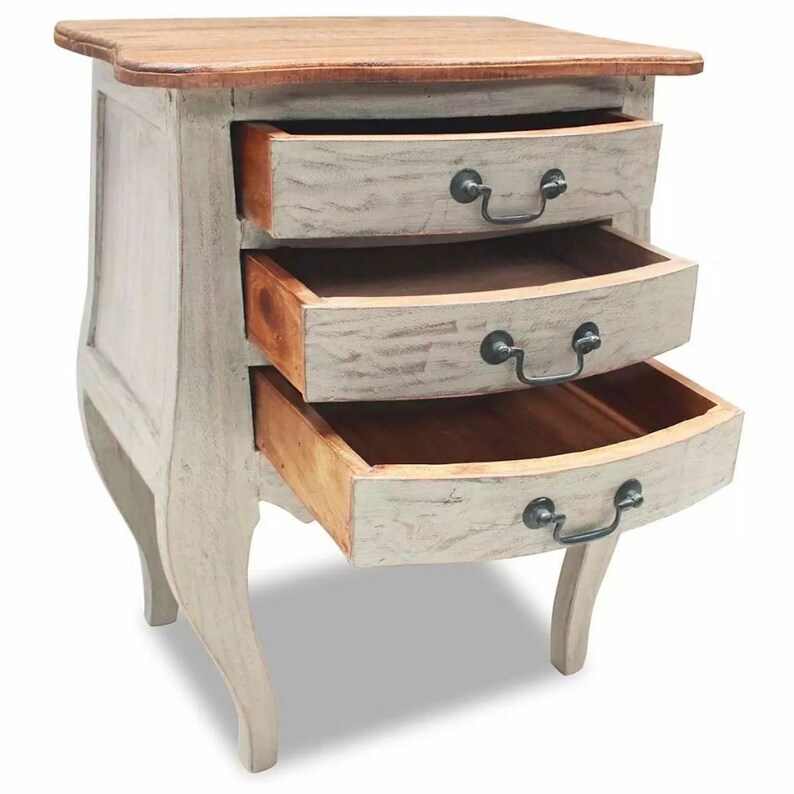 French Country Bedside Table With 3 Drawers Vintage Antique Style Bed Side Cabinet Shabby Chic Furniture Solid Reclaimed Wood Nightstand