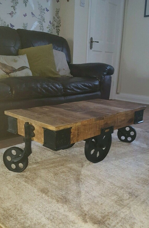 Industrial Style Coffee Table Wheels Country Couch Side Accent Swivel Solid Wood Rustic Living Room Vintage Retro Furniture Metal
