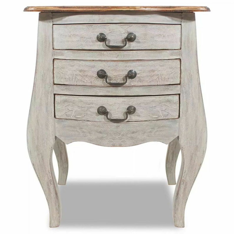 French Country Bedside Table With 3 Drawers Vintage Antique Style Bed Side Cabinet Shabby Chic Furniture Solid Reclaimed Wood Nightstand