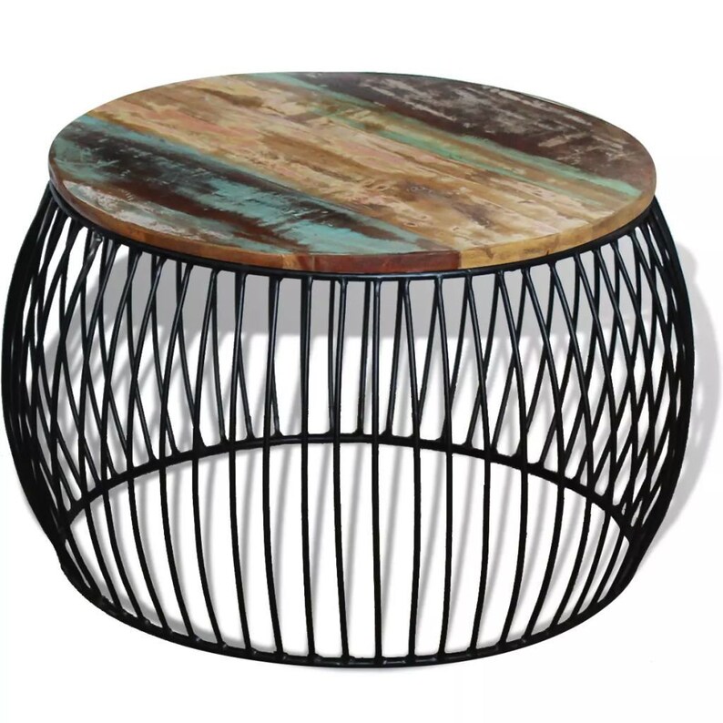 Industrial Style Round Coffee Table Solid Reclaimed Wood Furniture Metal Small Side End Lounge Living Room Antique Vintage Retro
