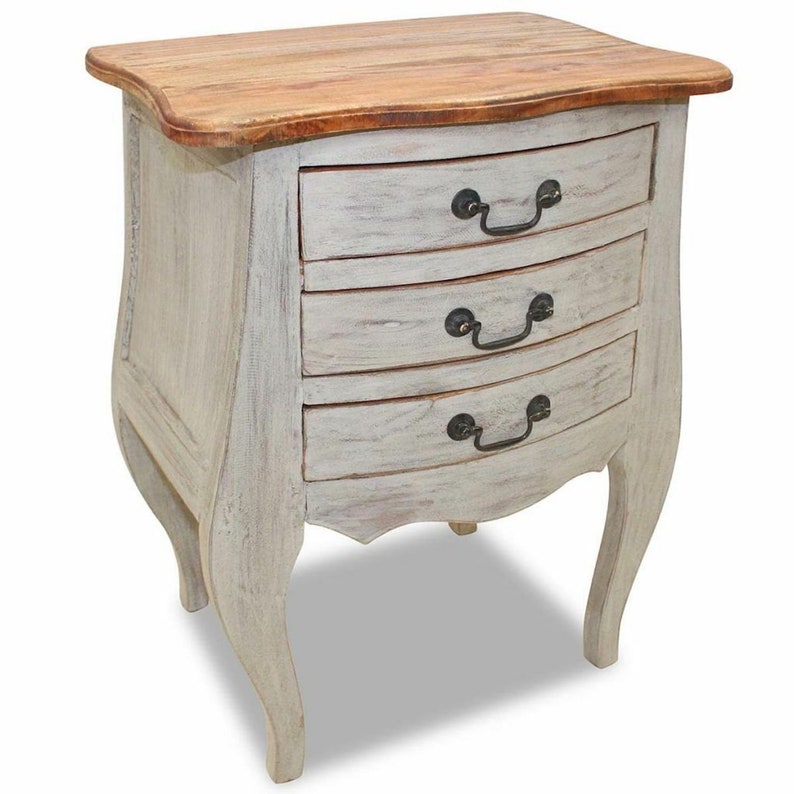 French Country Bedside Table With 3 Drawers Vintage Antique Style Bed Side Cabinet Shabby Chic Furniture Solid Reclaimed Wood Nightstand
