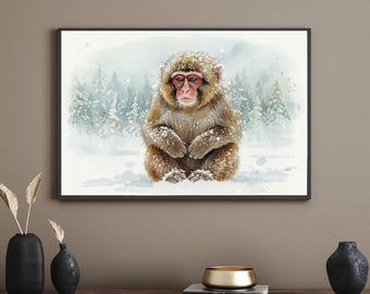 Snow Monkey Wall Art Printable | Winter Wildlife Landscape | Japanese Macaque Art | Neutral Nature Decor