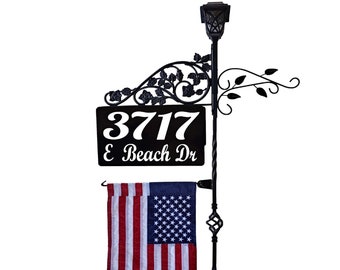 Patriot  Address Number Yard Sign - Double Sided Reflective Metal comes with a 42" Pole & Scroll Light Optional