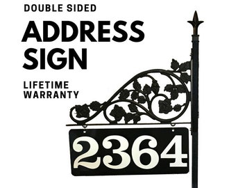 Double Sided Address Sign - Gift for mom Reflective Metal for Yard for 911 and others to find you | Steel 60" Pole & Scroll with Finial Top