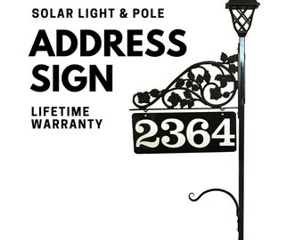 Double Sided Address Sign - Solar Light with Pole Includes Reflective Metal Sign for Yard for | Steel 60" Pole Single Scroll and Plant Hook