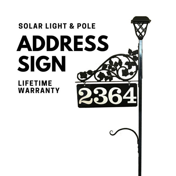 Double Sided Address Sign - Solar Light with Pole Includes Reflective Metal Sign for Yard for | Steel 60" Pole Single Scroll and Plant Hook