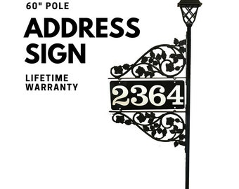 Driveway Address Sign - Double Sided Reflective Marker for 911 and others to find you 60" steel pole & double scroll with Solar Light Topper
