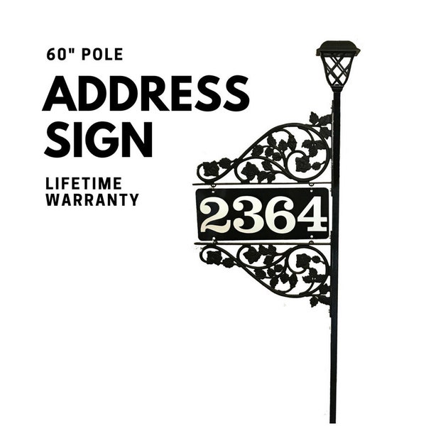 Reflective Driveway Address Sign: 60" Steel Pole, Solar Light