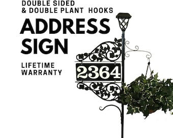 Driveway Address Sign - Double Sided Reflective Address 911 with 60" pole & double scroll and 2 plant hooks with Solar Light Address Sign