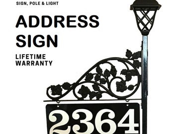 Double Sided Address Sign - Solar Light with Pole Includes Reflective Metal Sign for Yard for | Steel 48" Pole & Scroll