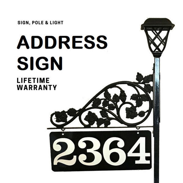 Double Sided Address Sign - Solar Light with Pole Includes Reflective Metal Sign for Yard for | Steel 48" Pole & Scroll