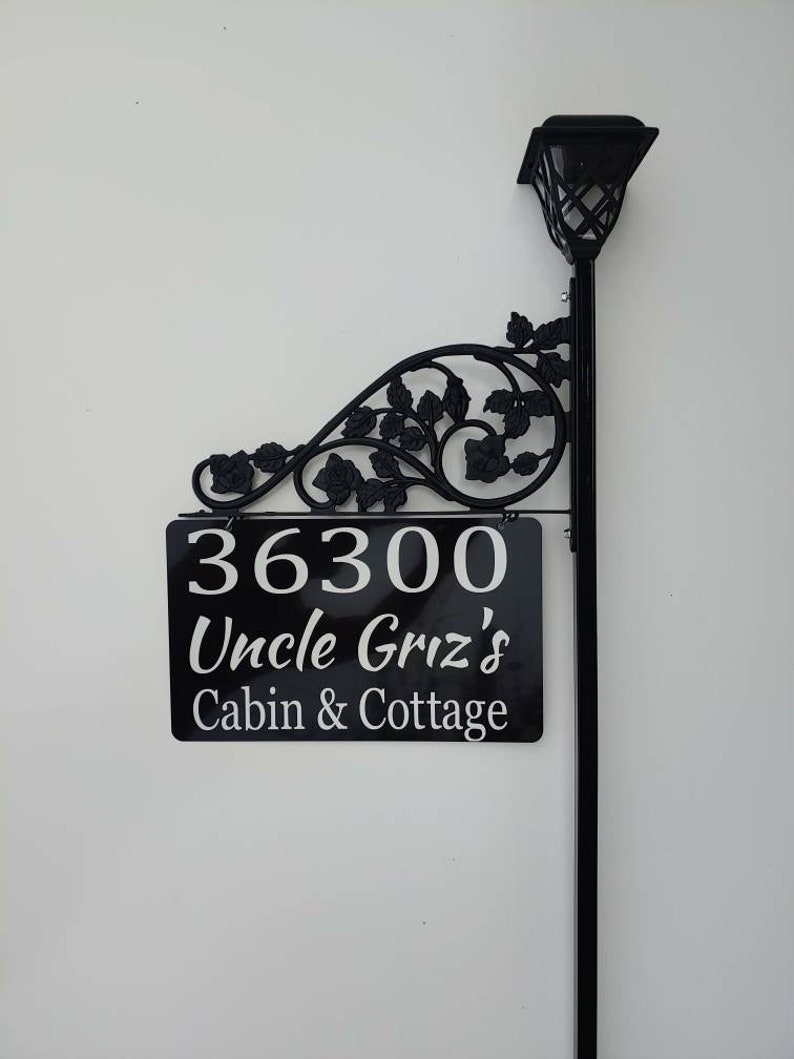 Personalized Double Sided Address Sign Solar Light with Pole Reflective Metal Sign for Yard for Steel 60 Pole & Scroll image 7