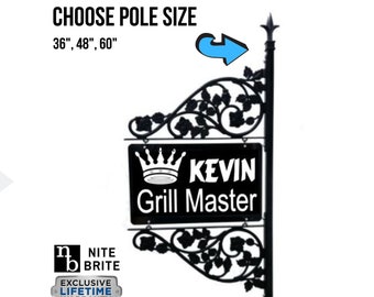 Gift for Him Grilling Sign - Custom Made Landscape Double Sided Reflective Sign with Pole Includes | Steel 36- 60" Pole & Scroll