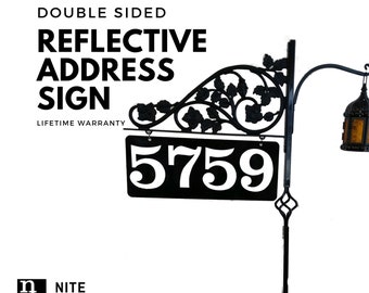 House Number Yard Sign - Double Sided Address Sign,  Reflective Metal with Plant Hook | Comes with a  32" Pole & Scroll with Finial Top