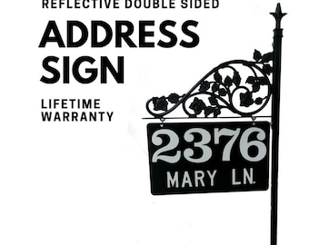 Reflective Address Sign - Driveway Marker Personalized for Yard for 911 and others to find you | Steel 60" Pole & Scroll with Finial Top